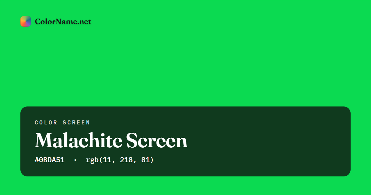 Malachite screen preview — a full-screen solid malachite color, hex #0BDA51, rgb(11, 218, 81)
